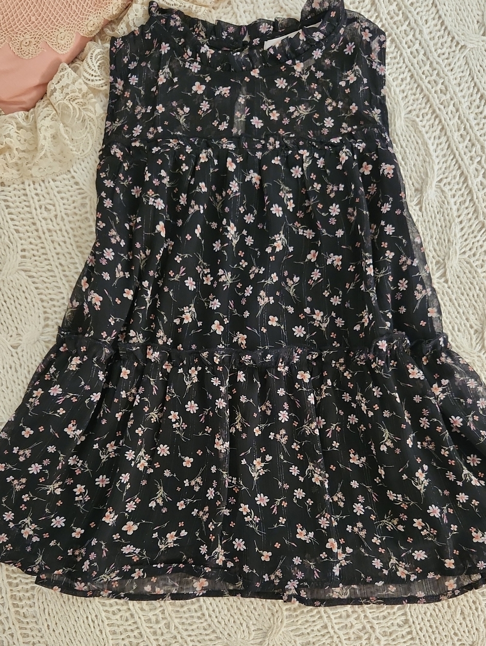 Black Floral Tiered Chiffon Top with Pink Blossoms